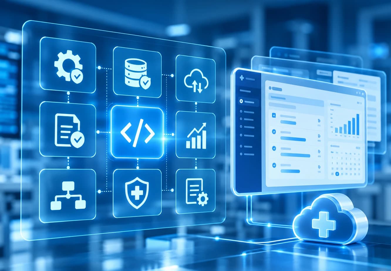 Connected application modules for workflows, data, cloud, documents, reporting and security beside a custom healthcare application dashboard