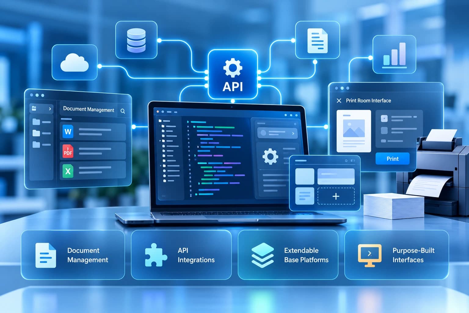 Custom software connected through an API to document management, print room and reporting tools, with API integrations, extendable base platforms and purpose-built interfaces