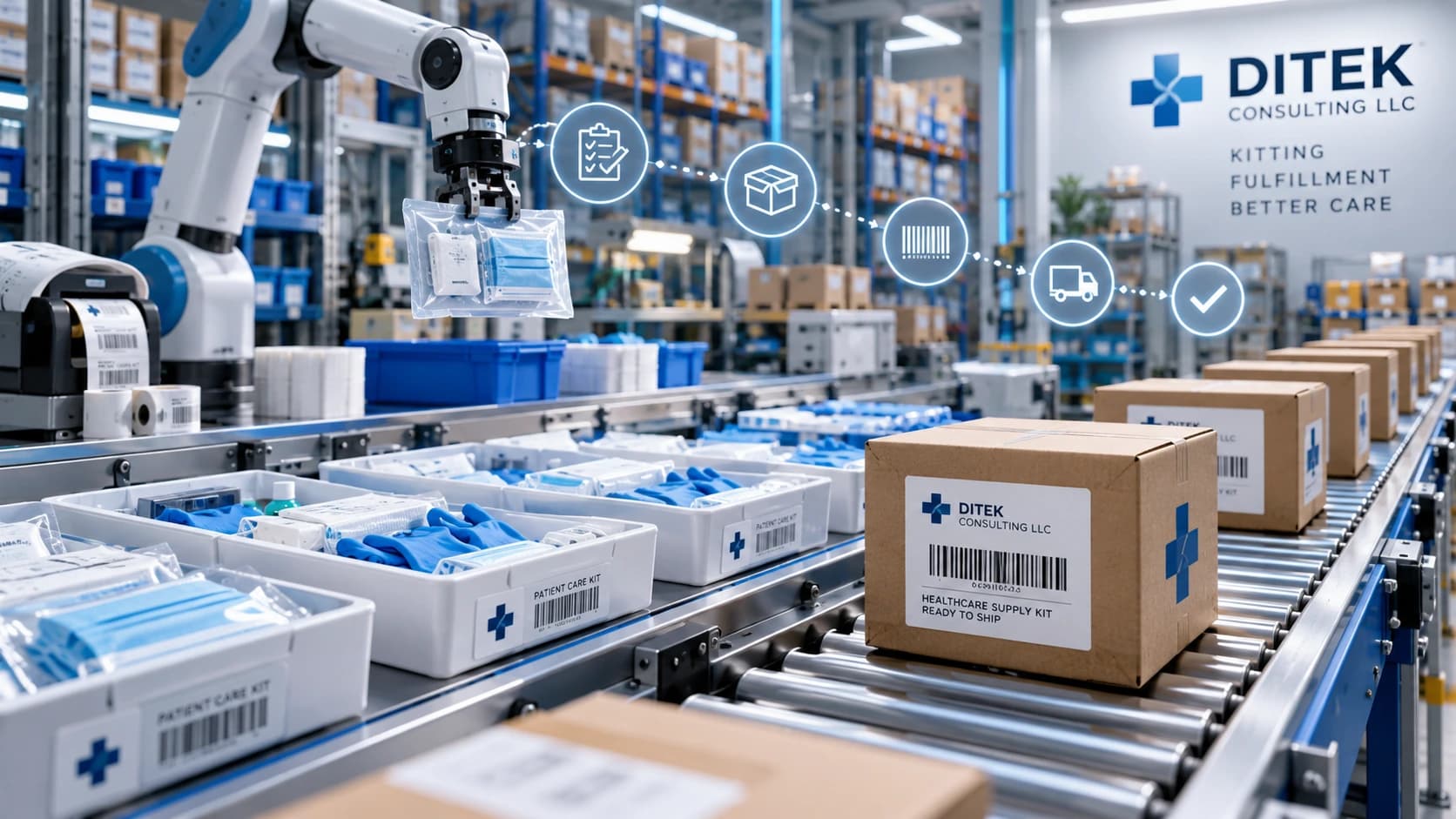 Ditek kitting and fulfillment warehouse where patient care kits move along a conveyor through picking, packing, labeling and shipping