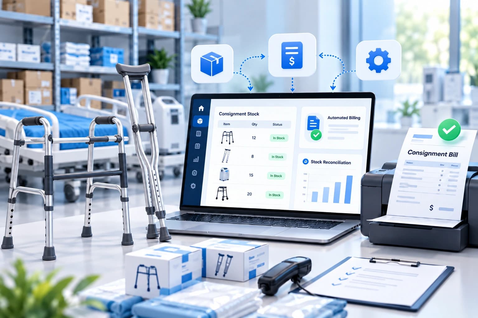 DME inventory and billing workspace with consignment stock, automated billing and stock reconciliation on a laptop beside walkers and crutches