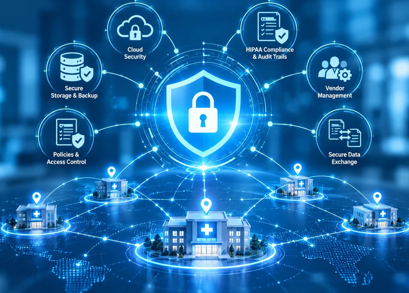 HIPAA security shield connecting healthcare sites with cloud security, secure storage, access control, audit trails, vendor management and secure data exchange
