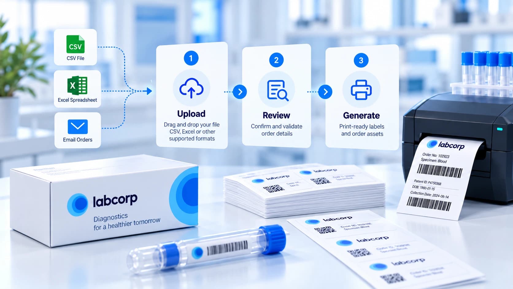 Labcorp automated labelling workflow turning CSV, Excel and email orders into print-ready labels in three steps: upload, review, generate