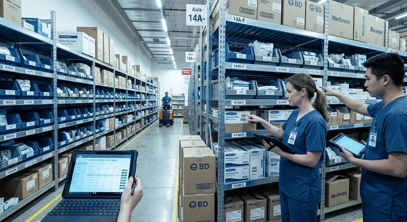 Clinical staff checking supply inventory on tablets in a distribution warehouse