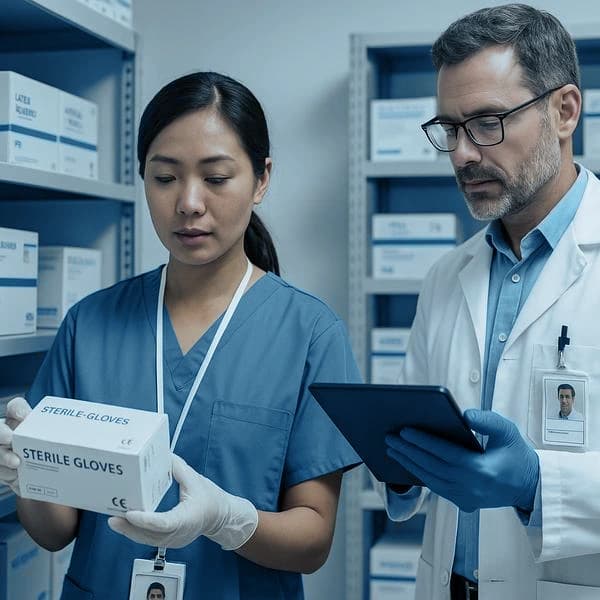 Two healthcare professionals reviewing sterile glove inventory with a tablet