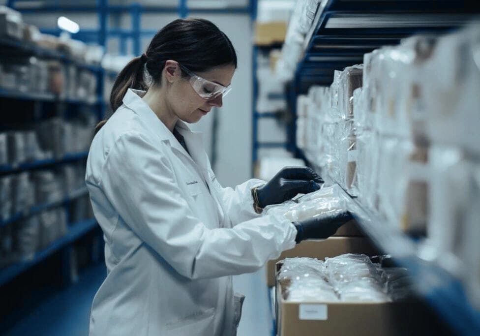 Technician in lab coat and safety glasses inspecting packaged medical supplies on a shelf